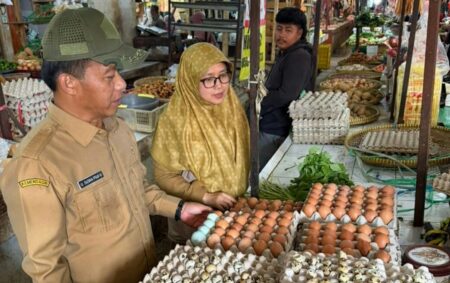 Kepala Dispakan Kabupaten Bandung Uka Suska Puji Utama melakukan kegiatan pengawasan pangan di salah satu pasar.